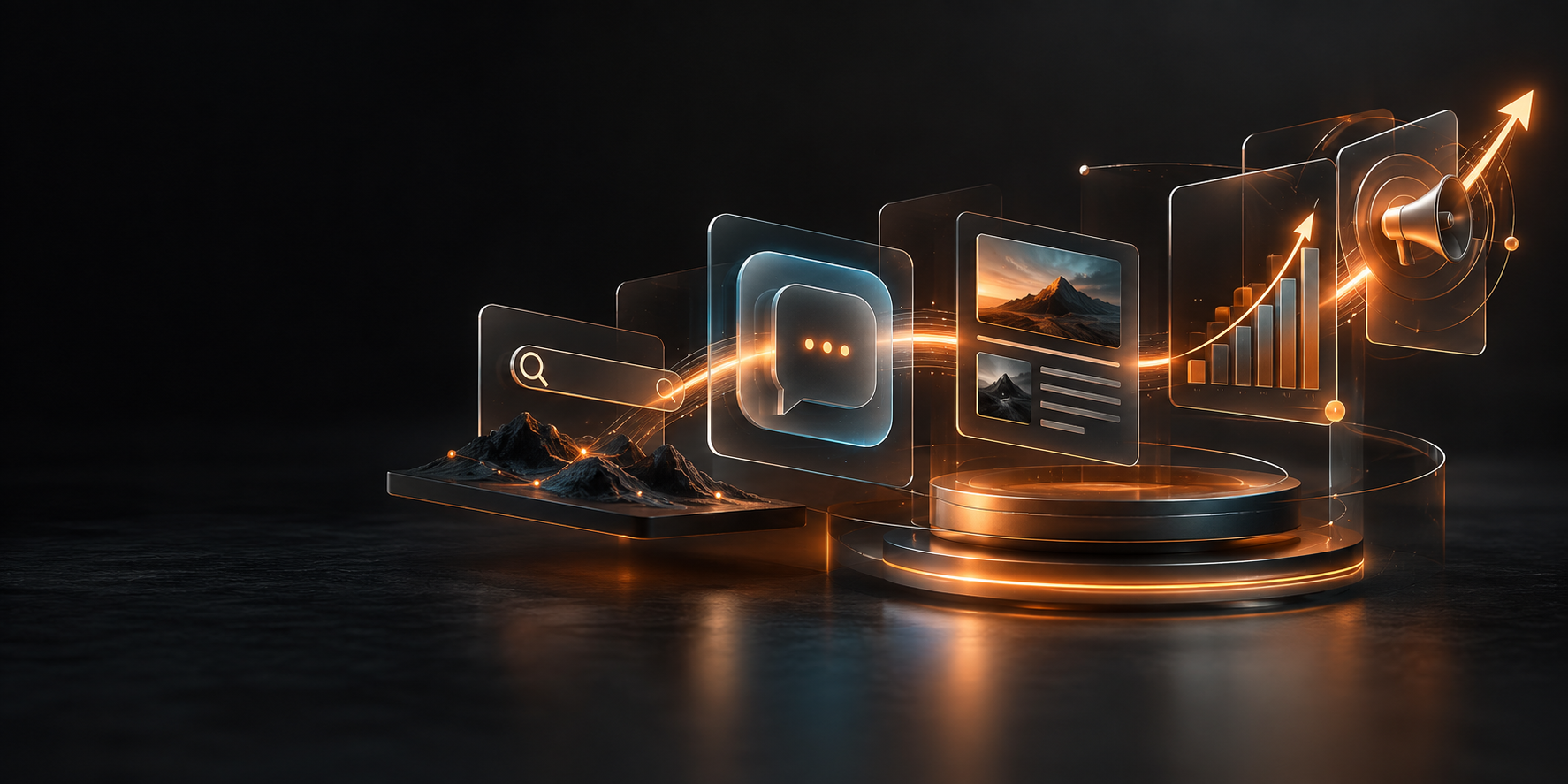 Connected marketing system for search, AI discovery, content, analytics, and advertising